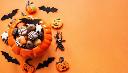 Various Halloween sweets in a pumpkin on plain background