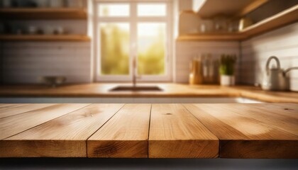 Empty wooden tabletop with modern kitchen in the morning
