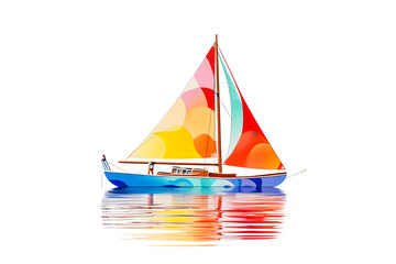 sailboat with a multicolored sail floats on reflective waters set against a pristine backdrop