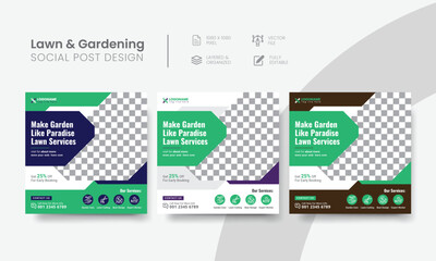 Lawn gardening social media post for agro landscaping services banner. Organic gardening service social media post layout for lawn and mower care ads. Vol - 29