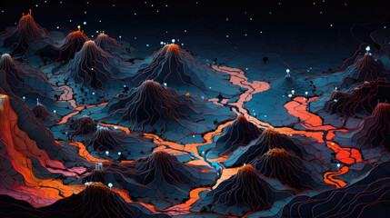 A striking fusion of topographic map contour lines, a cyberpunk color scheme, and the fiery presence of volcanoes, creating a visually captivating and intense landscape