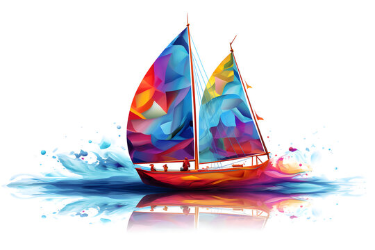 Two vibrant sails on a sailboat with a colorful watercolor reflection