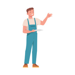 Man in Blue Overall Uniform Standing with Paper and Gesture with Hand Vector Illustration