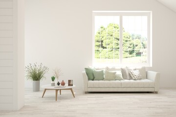 Bright interior design with modern furniture and summer landscape in window. 3D illustration