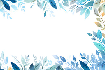 Fototapeta na wymiar Teal and blue leafy patterns form a decorative border on a white canvas