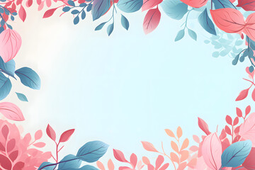 Pastel floral border with blue and pink leaves surrounding a blank center