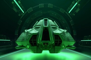Front view of a spaceship on a green screen background - 3D sci-fi illustration. Generative AI