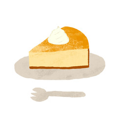 手描き　ホイップ付きチーズケーキのイラスト　お皿とフォークのセット