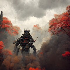 Samurai heavily armored mech smoke fireswarm overcast sky unreal engine ultra detailled ultra 