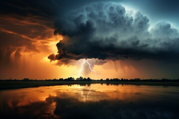 Naklejka na ściany i meble Dramatic storm with lightning amidst dark clouds. Generative AI