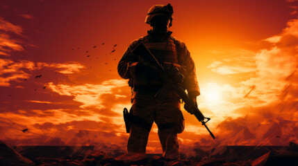 Graphic silhouette of armed soldier or marine at sunset..War concept.