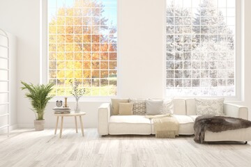 Bright interior design with modern furniture and autumn and winter landscape in window. 3D illustration