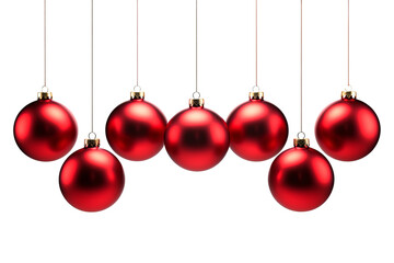 Set / Collection of red Christmas hanging decorative balls isolated on transparent background cutout PNG. Holiday ornament celebration. New Year Decoration.