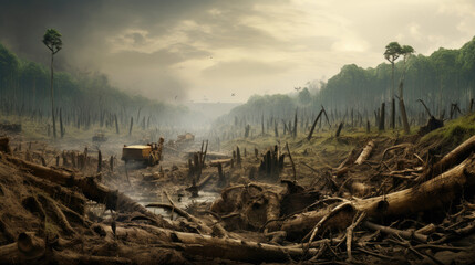 Illustrating the impacts of deforestation on the environment, featuring a scene with clear-cut forests, habitat loss, and environmental consequences.