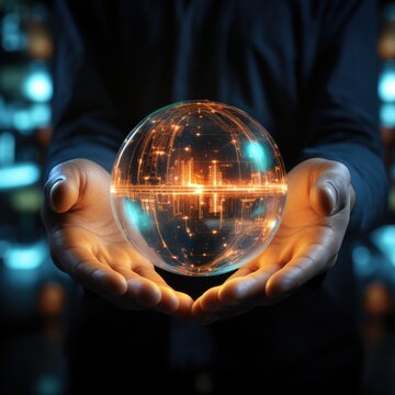 A man is holding a large glowing sphere in his hands. The concept of the latest technologies