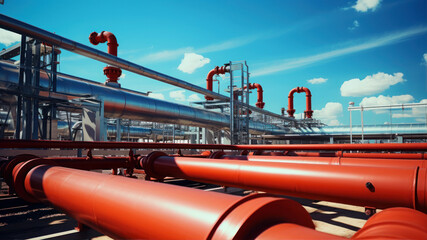 Industrial zone, Steel pipelines and valves on blue sky background.