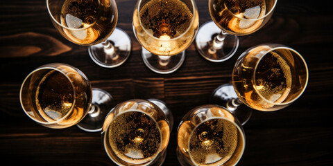 Top view of numerous champagne glasses.