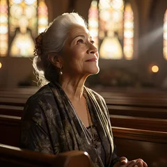 Fotobehang Older Latin Woman Praying in Church Catholic Faith Prayer and Belief Religious Concept © Made360
