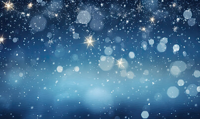 Obraz premium Serene winter scene with gentle snowflakes and ethereal bokeh against a deep blue sky.