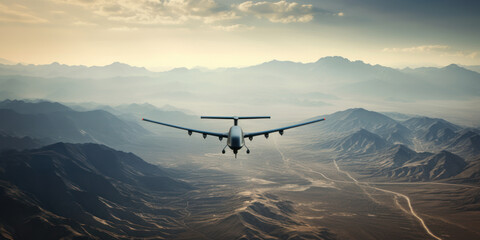 A military drone surveils a vast, barren desert. - obrazy, fototapety, plakaty