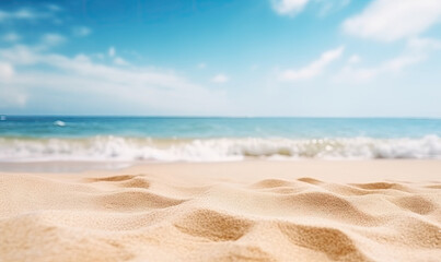 Fototapeta na wymiar Serene beach landscape with glistening sand, gentle ocean waves.