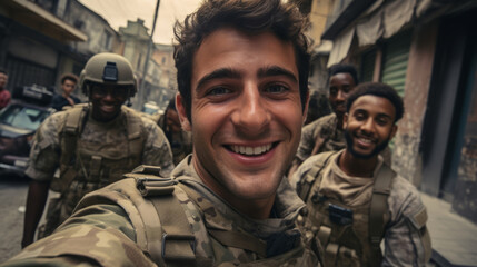 Selfie of happy group of soldiers. Team work, friends.