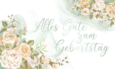 Karte oder Banner, um alles Gute zum Geburtstag in Grün zu wünschen, mit Blumen oben und unten in Lachs- und Beigetönen auf einem grün-weiß marmorierten Hintergrund