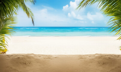 Fototapeta na wymiar Sunlit sand foreground with a soft-focus palm tree.