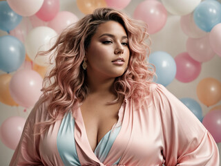 beautiful plus-size woman modeling clothes in pastel shades