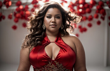 beautiful young plus size model in a red party dress