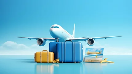 Foto op Aluminium luggage or baggage and planes placed on passport for making advertising media about tourism and all object on blue background, vector 3d on blue background for travel and transport concept design © Sunanta