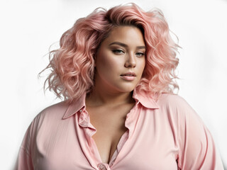 beautiful plus size woman with pink hair and blouse on a white background