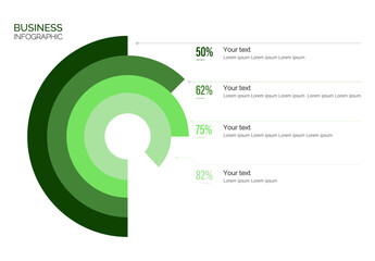 Infographic template for business. 4 Steps Modern Timeline diagram, presentation vector infographic. Infographic with circle. Percentage ratio. Percentages. Green