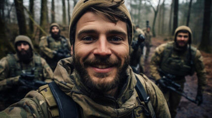 Obraz premium Selfie of happy group of soldiers. Team work, friends.