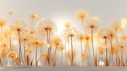 Mural interior wallpaper for living room with dandelion.Many dandelions on beige watercolor...