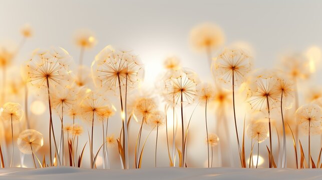 Mural interior wallpaper for living room with dandelion.Many dandelions on beige watercolor background with fly flower and bokeh light.Wall art for living room .Floral trendy background in modern © StasySin