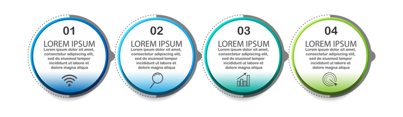 Fototapeta premium infographic template design, minimalist concept, interconnected circles with 4 steps, lines and colors in each step, good for your business presentation