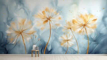 Mural interior wallpaper for living room with abstract dandelion.Many dandelions on blue watercolor...