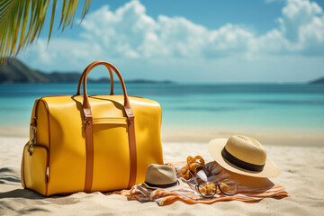 Summer holiday background with suitcase, hat and flip flops on sandy beach