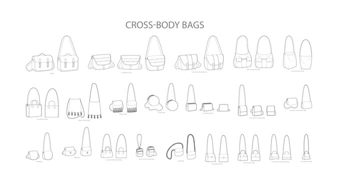 Set of Cross-Body Bags silhouette. Fashion accessory technical illustration. Vector satchel front 3-4 view for Men, women, unisex style, flat handbag CAD mockup sketch outline isolated