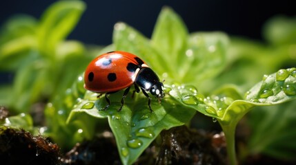 Red ladybug walking on a leaf with dew drops