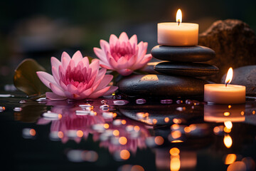 Spa still life with lotus flower and candles on black background