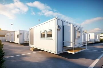 3D view of portable office buildings for construction sites. Mock up of white container site office and cabins. Generative AI