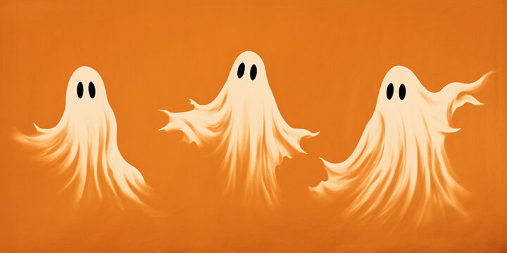 halloween banner,solid orange background with 3 dancing ghosts in white sheets