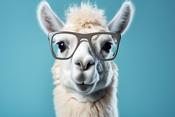 Obraz premium Funny white alpaca wearing eyeglasses on blue background