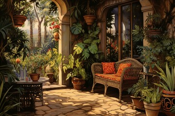 Fototapeta na wymiar A scene with furniture in an outdoor setting surrounded by plants and a doorway. Generative AI