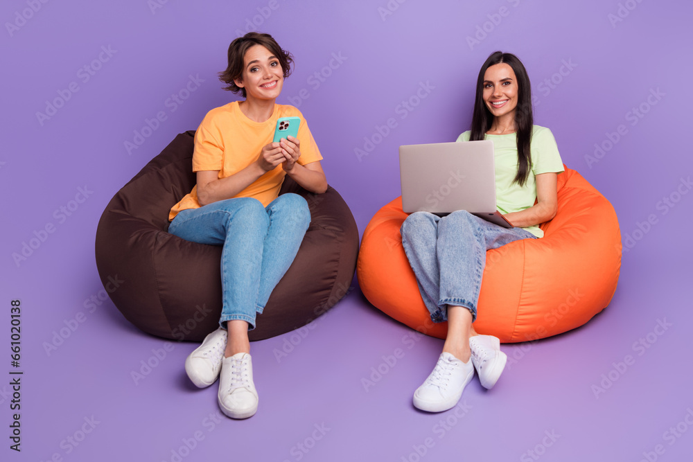 Poster full length body photo of two youngsters woman use netbook phone coworking comfortable pouf location