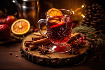 Aromatic hot mulled wine in glass cap with spices and citrus fruit on a table. Snow in evening. Concept of festive atmosphere and cozy winter mood. Traditional hot Christmas drink - obrazy, fototapety, plakaty