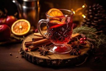 Poster Aromatic hot mulled wine in glass cap with spices and citrus fruit on a table. Snow in evening. Concept of festive atmosphere and cozy winter mood. Traditional hot Christmas drink © ratatosk