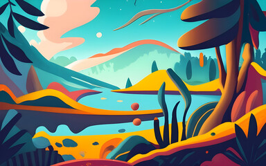 Obraz premium 2d nature colorful landscapes sun sky trees mountains art ai generative 